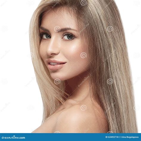 Beautiful Woman Blonde Hair Portrait Close Up Studio On White Stock