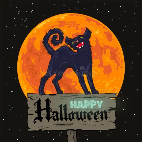 Cute Halloween Black Cat And Full Moon Stock Vector Illustration Of