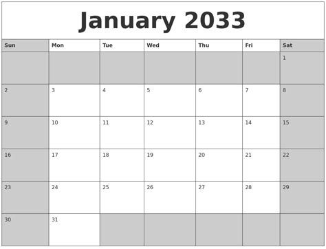 January 2033 Calanders
