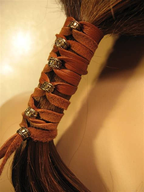 Hair Wrap Pony Tail Holder Brown Leather With Antique Gold