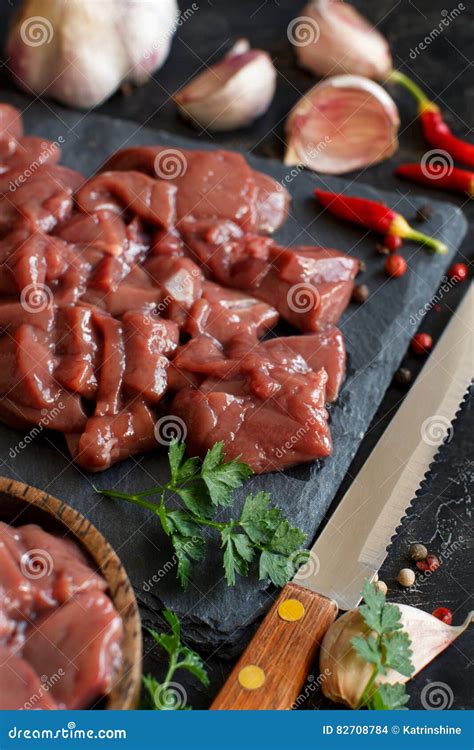 Raw Beef Liver With Spices Herbs And Vegetables Stock Photo Image Of