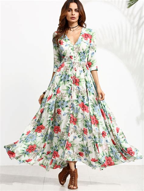 Womens Floral Print V Neck Maxi Dress Half Sleeve Button Front Outfit