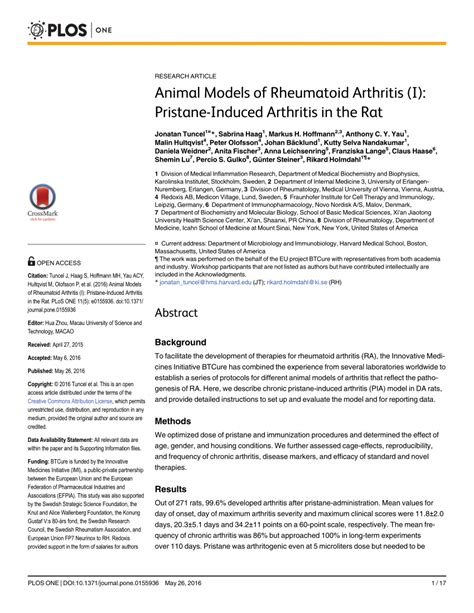 Pdf Animal Models Of Rheumatoid Arthritis I Pristane Induced