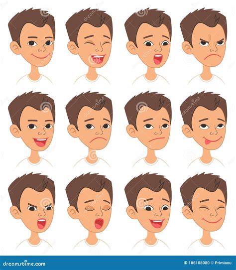Teenage Boy Character Different Emotions And Expressions Set Stock