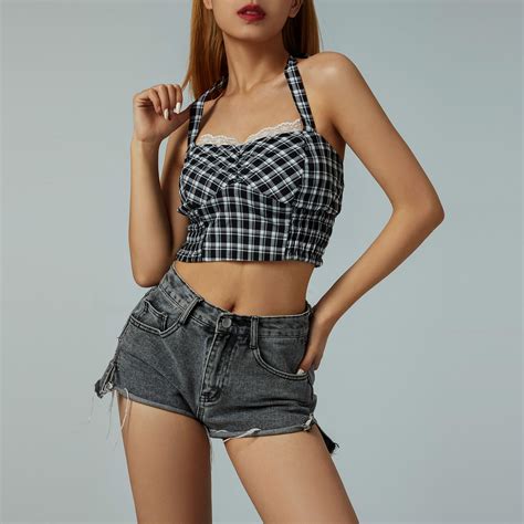 Plaid Halter Neck Lace Up Camisoles Women Summer Sexy Strappy Vests