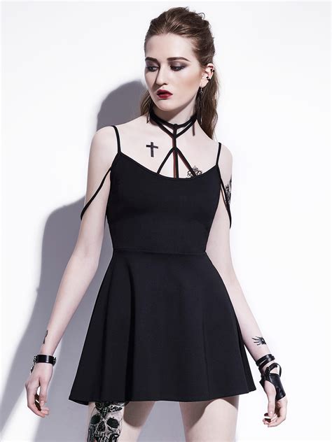 gothic women mini dress black summer spaghetti strap halter plain straps waist shaped choker