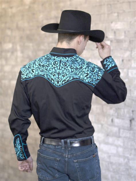 Mens Vintage Tooling Embroidered Black And Turquoise Western Shirt