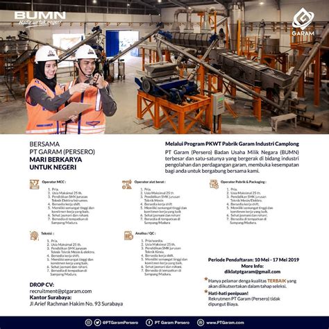 Ini adalah umr surabaya yang bisa jadi kabar baik buat kamu. Lowongan Kerja BUMN PT Garam (Persero) Terbaru 2019 Minimal SMK