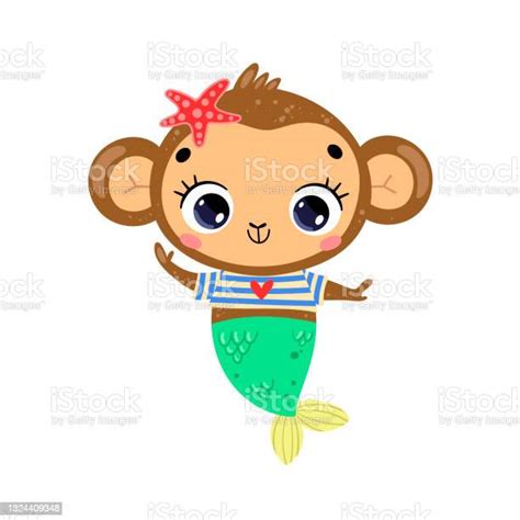 Flat Vector Illustration Of Cute Cartoon Monkey Mermaid Summer Tropical