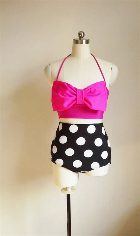 hot pink bow sexy and fashionable beach bikini swimwear swimsuit retro highwaisted swimsuit on