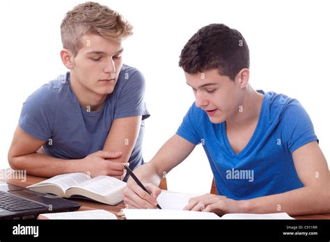 Two Young Guys Studying Bible Passages Stock Photo Alamy