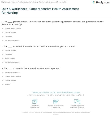 Quiz And Worksheet Comprehensive Health Assessment For Nursing