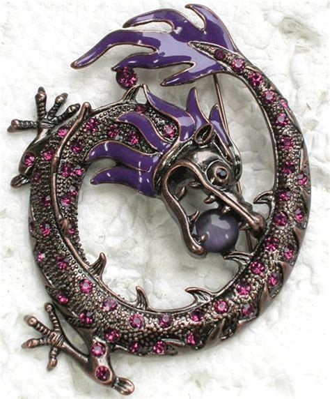 Antique Copper Fashion Brooch Purple Rhinestone Enamel Dragon Pin
