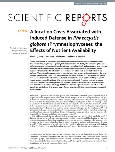 Pdf Allocation Costs Associated With Induced Defense In Phaeocystis Globosa Prymnesiophyceae