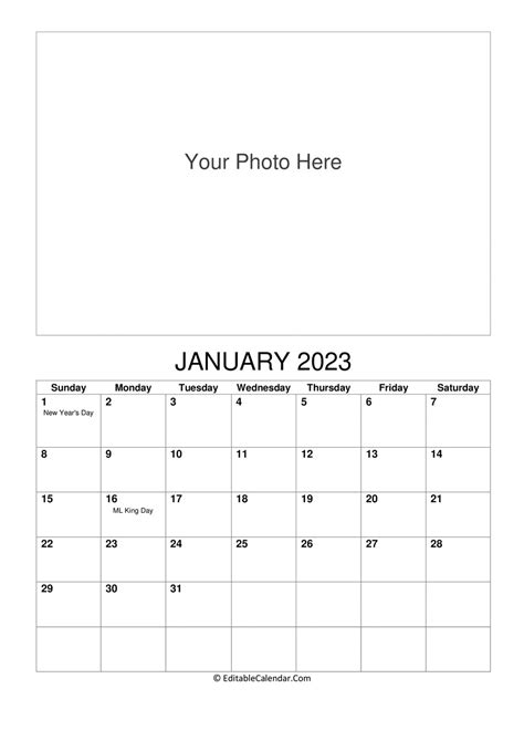 Download January 2023 Photo Calendar Word Version