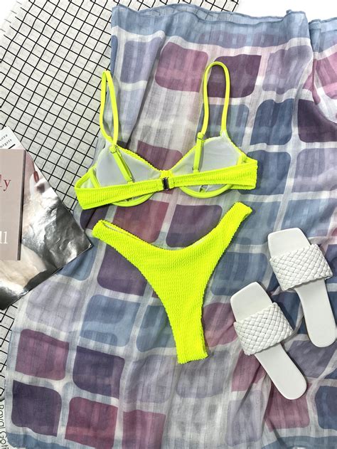Shein Swim Vcay Neon Lime Textured Underwire Bikini Swimsuit Shein Usa