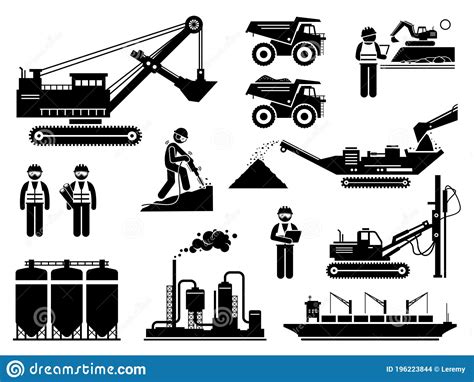 Mining Quarry Site Workers And Heavy Machinery Icons Set Stock Vector
