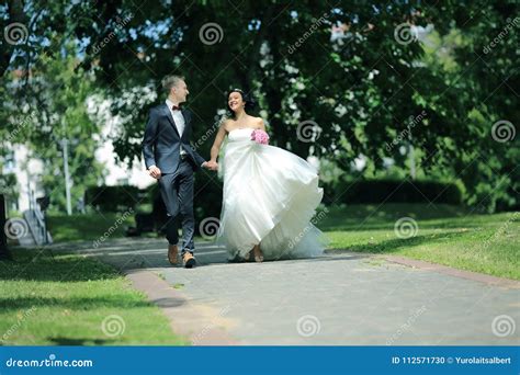 Newlywed Couple Walking In The Park The Day Of The Wedding Stock Photo