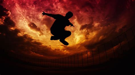 Wallpaper Id 13244 Parkour Silhouette Jump Sky Clouds Fence 4k