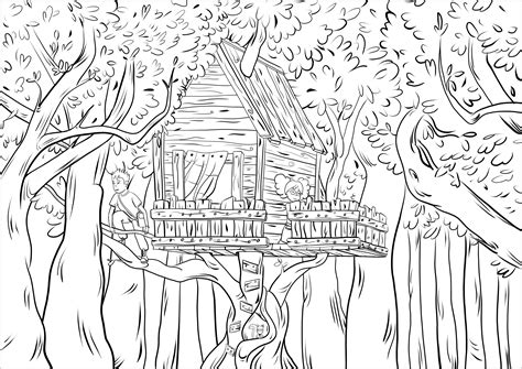 Forest coloring pages for preschoolers. Children in a cabin in the woods - Jungle & Forest Adult ...