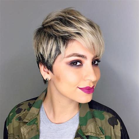 Blonde Balayage Pixie With Black Roots Edgy Blonde Hair Blonde Pixie