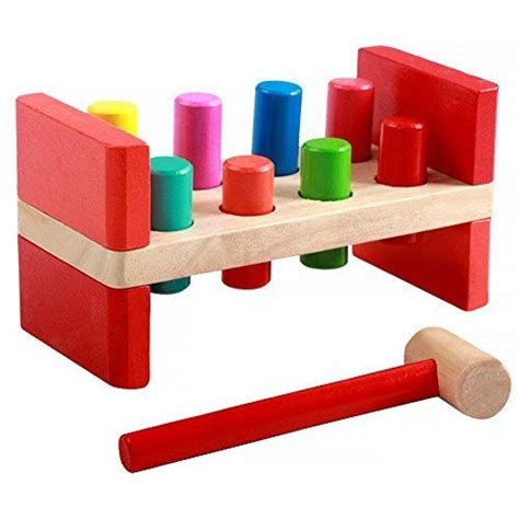 a wooden toy with colored blocks and hammers on it s back end