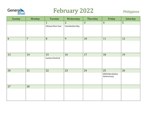 February 2022 Calendar With Philippines Holidays