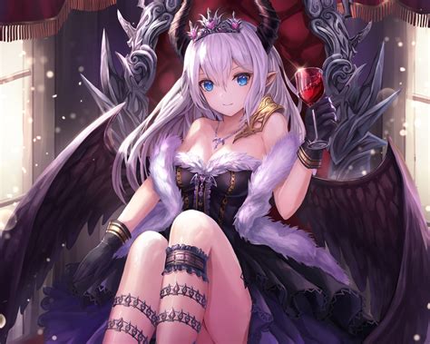 Wallpaper Aqua Eyes Boobs Cropped Crown Dress Drink Gloves Horns Long Hair Necklace
