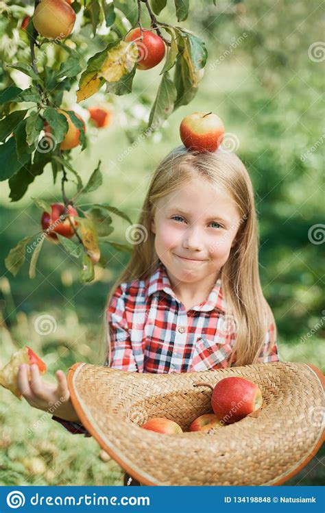 Girl With Apple In The Apple Orchard Beautiful Girl Eating Organic
