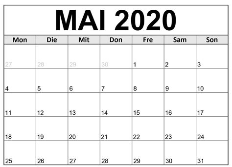 Kalender Mai 2020 In 2020 Monthly Calendar Calendar Printable Calendar