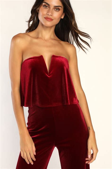 Sexy Jumpsuit Wine Red Velvet Jumpsuit Strapless Jumpsuit Lulus