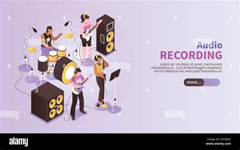 Audio Recording Horizontal Banner With Music Band Playing In Recording
