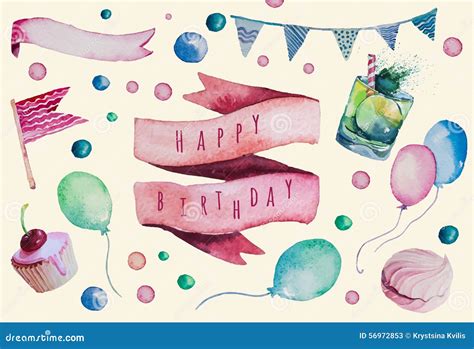 Watercolor Happy Birthday Set Hand Drawn Vintage Stock Vector Image