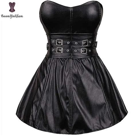 Corset Dress Faux Leather Strapless Black Clubwear Sexy Bustier Dress Outwear Buckled Body