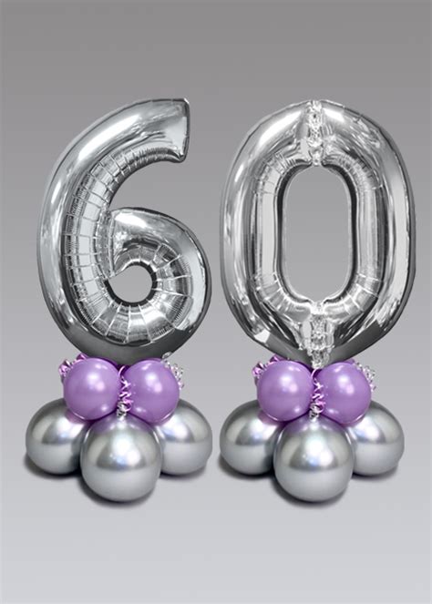 Inflated Silver And Lilac Mid Size 60th Number Balloon Set