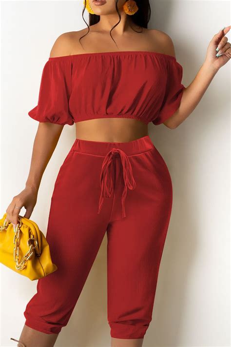 Red Casual Solid Split Joint Strapless Sleeveless Two Pieces Two Pieces Knowfashionstyle