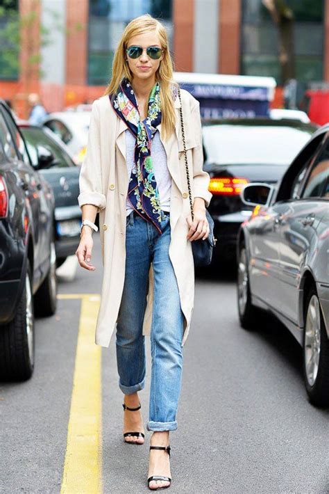 How To Style A Scarf Loosely Tied Silk Printed Scarf Worn With White Tshirt Trench Coat