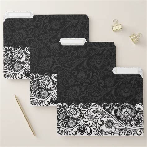Bold Black White Floral Design File Folders Zazzle