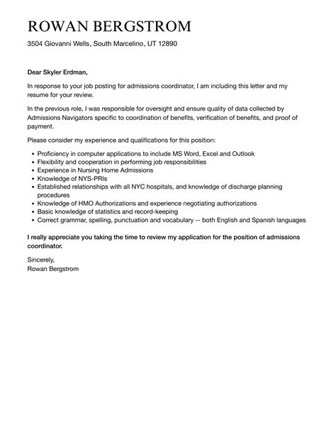 admissions coordinator cover letter velvet jobs