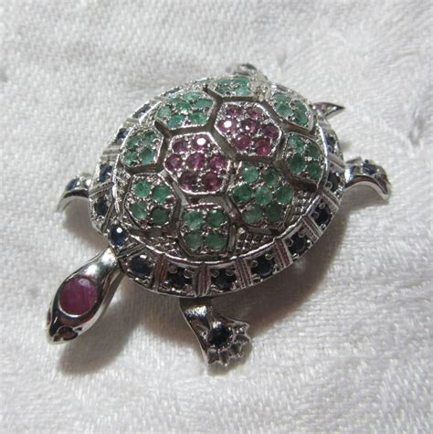 Sterling Silver Turtle Pin Pendant Rubies Emeralds Sapphires Fine From