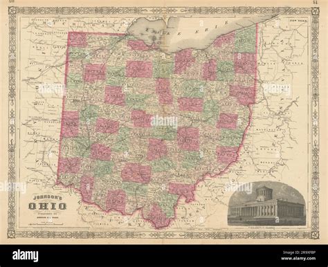 Johnsons Ohio Us State Map Showing Counties 1866 Old Antique Plan