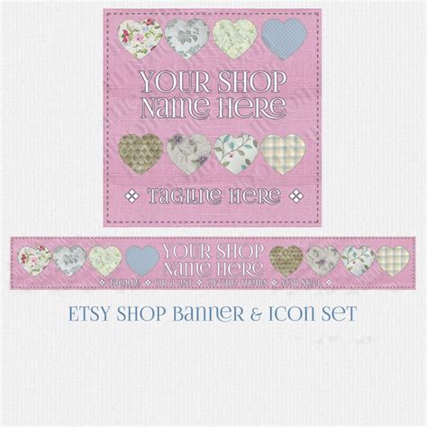 Etsy Shop Banner Set Needlework Embroidery Fabric Hearts Pink Linen
