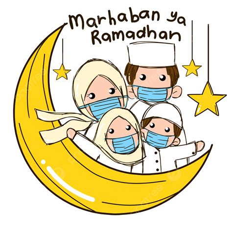 Kartun Marhaban Ya Ramadhan Keluarga Muslim Memakai Topeng Ramadhan