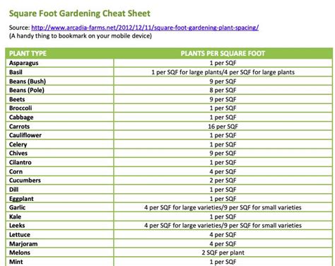 Square Foot Garden Cheat Sheet Square Foot Gardening Large Plants