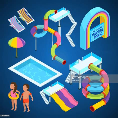 Isometric Pictures Of Water Park Various Attractions At Swimming Pools