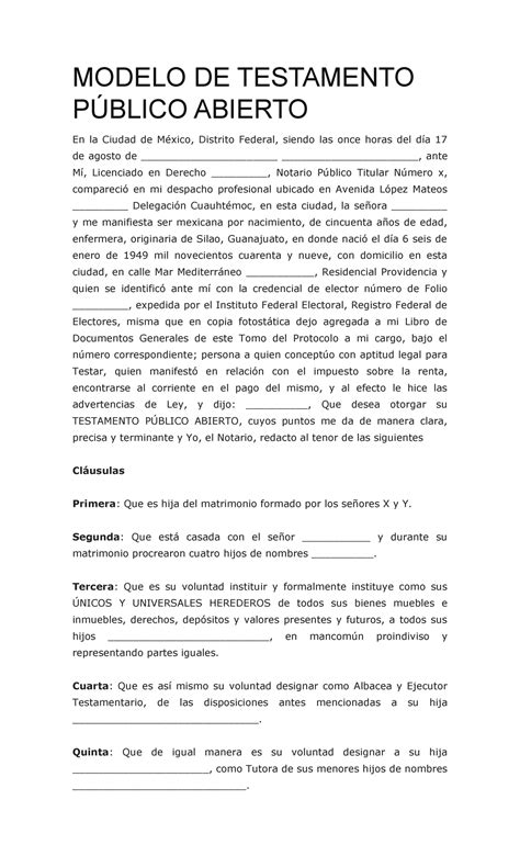 Testamento Público Abierto Modelo De Testamento PÚblico Abierto En La