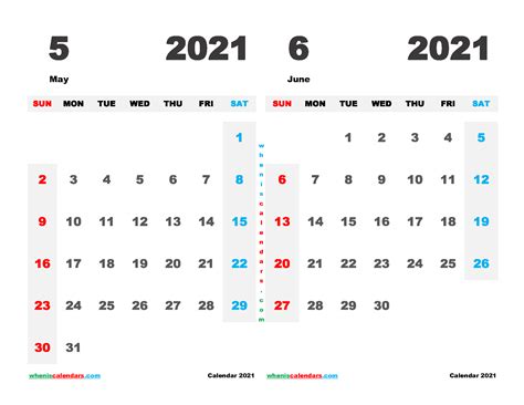 May And June 2021 Calendar Printable