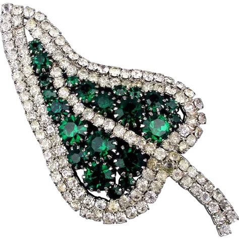 Big Vintage Faux Diamond Emerald Rhinestone Leaf Pi Gem