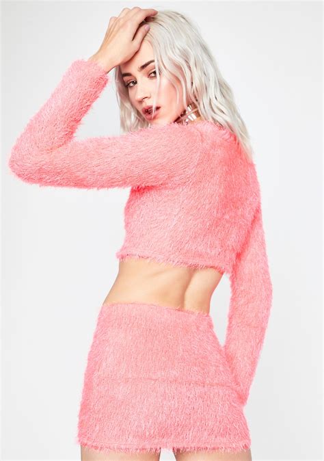 Long Sleeve Crop Top High Waist Mini Skirt Set Fuzzy Light Pink Blush