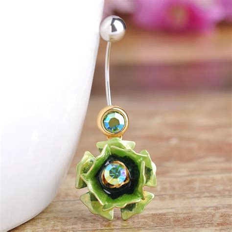 Enamel Rose Flowers Shape Navel Ring Sexy Body Jewelry Piercings Navel Belly Button Rings For